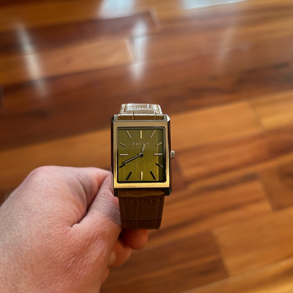 BREDA Virgil watch with tan leather band.